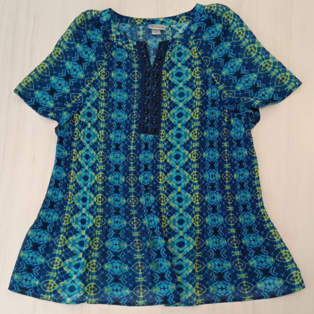 Maggie Barnes Catherines Womens 1X Blue Green Jeweled Sheer Bright Tunic Blouse